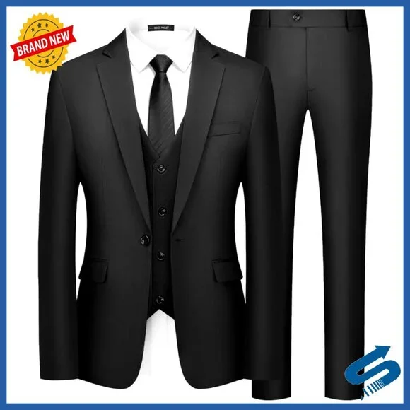 Slim Fit 3-Piece Suit Set Polyester Business Wedding Formal Blazer Vest Pants